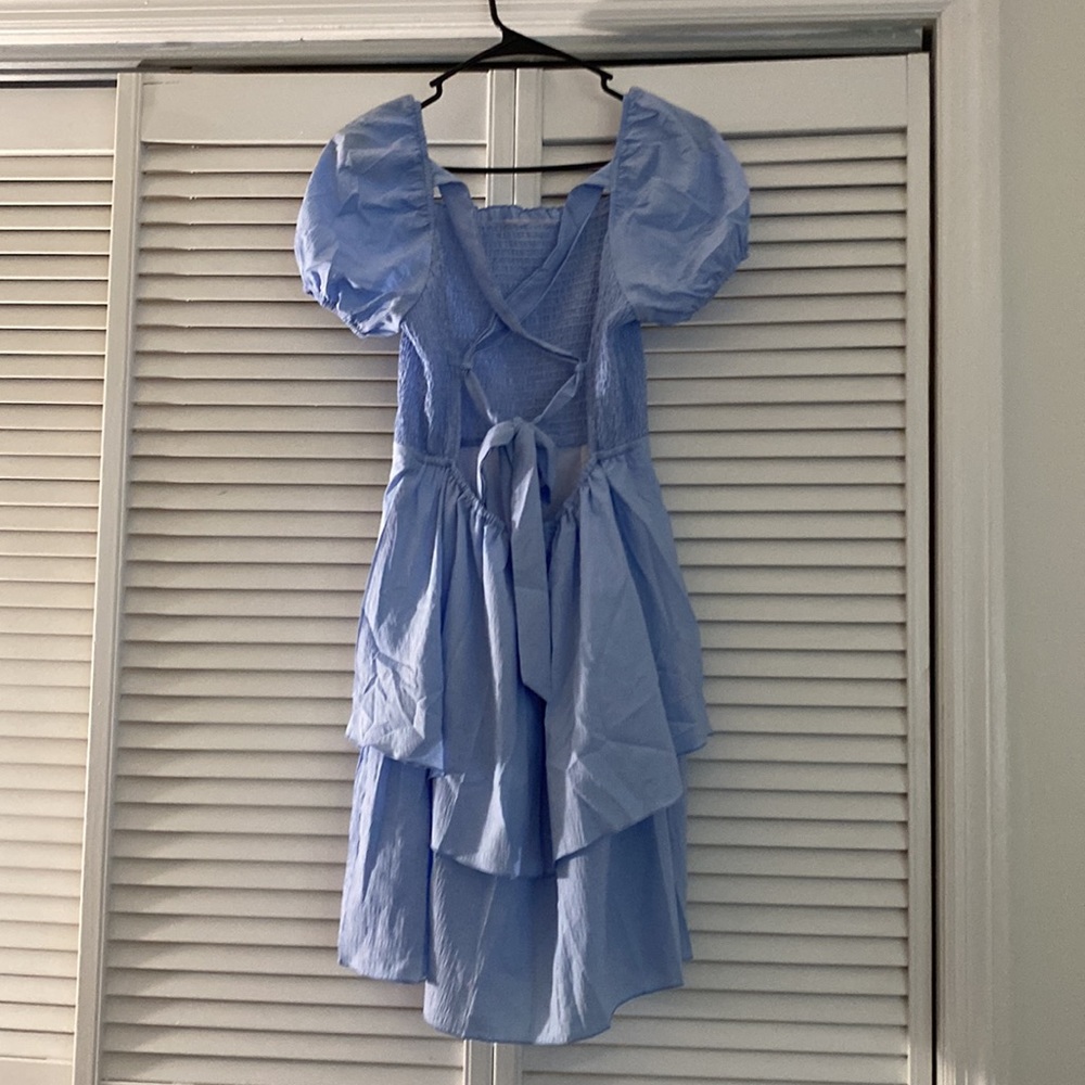 Blue lace up back puff dress